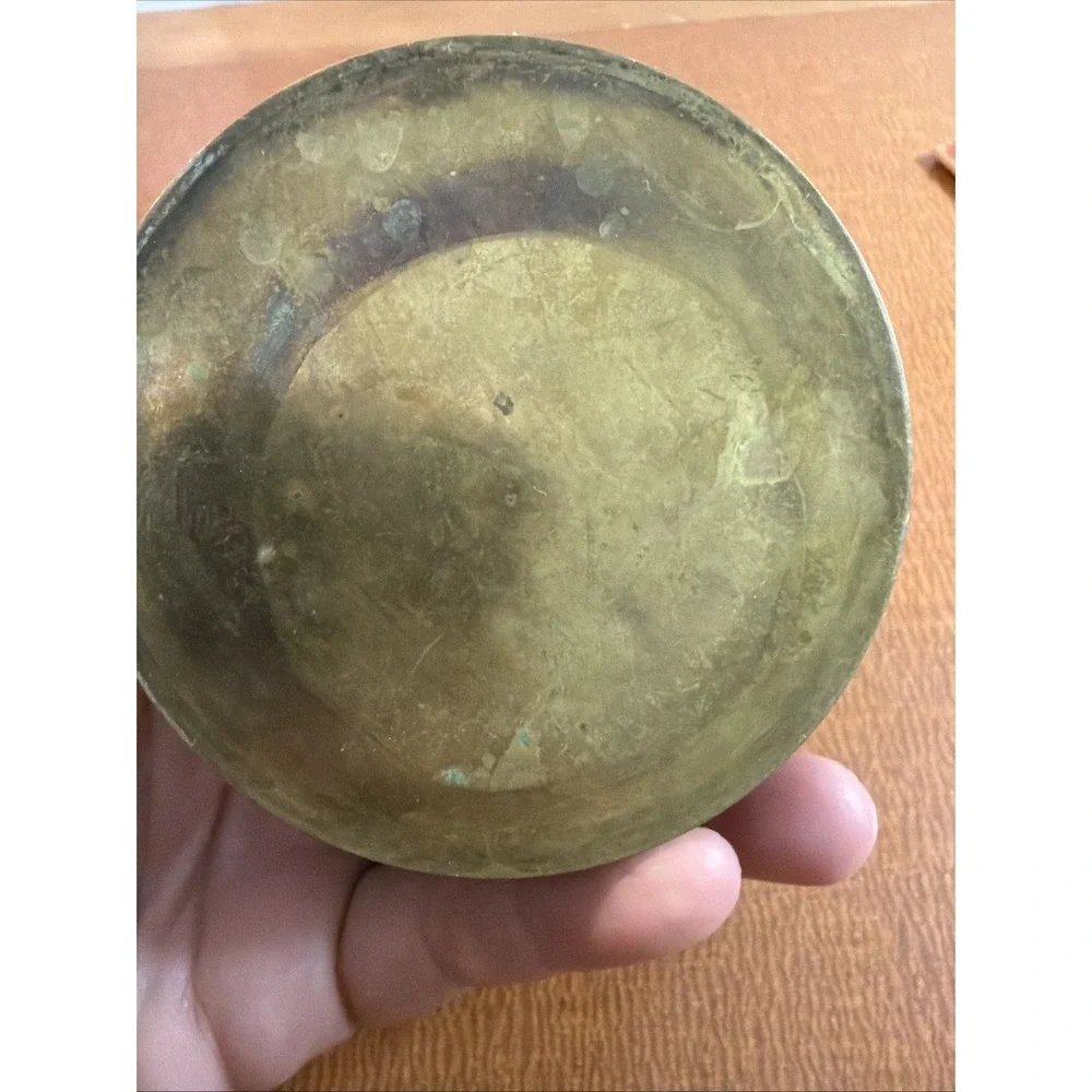 Vintage Round Brass Trinket Dish with Lid Painted Enamel Floral Design 4